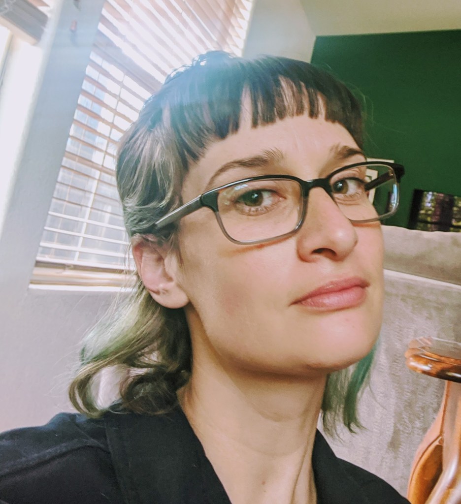 A woman of about 35 with medium-length brown and blue hair, chin tilted and looking at the camera