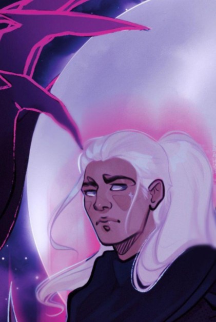 Illustration of a frowning young man with long white hair, a slive of a large full moon in the background, and magical pink-lined black clacks invading the image