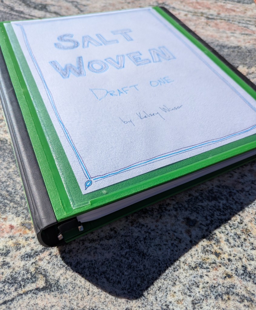 A green binder with "Salt Woven, Draft One, by Kelsey Winsor" written on the front. It is resting on a gneiss rock surface.